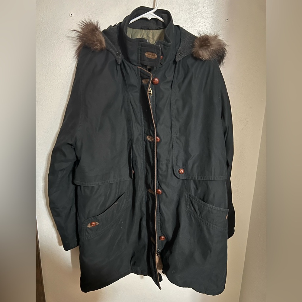 ETIENNE AIGNER Classic‎ Vintage Winter Full Zip Coat Fur Hood Black Brown Wms L